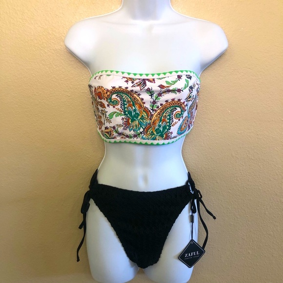 Zaful Strapless Bandeau Lace Up Back Top Crochet Cheeky Bottom Bikini Set Size M - Picture 1 of 16
